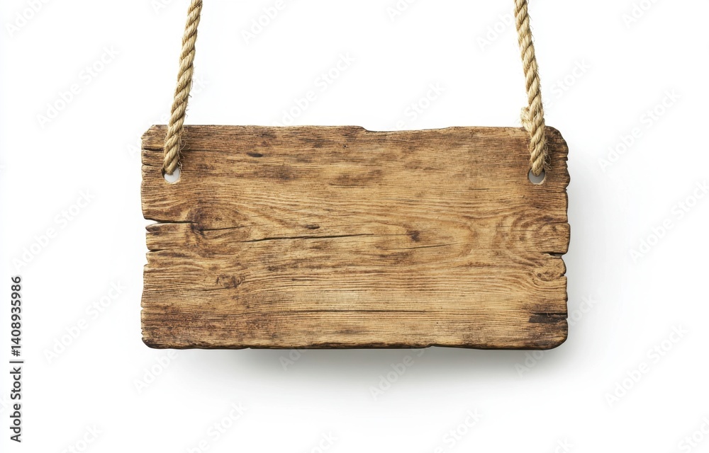 Rustic wooden signboard hanging with rope against white background Rustic wooden signboard hanging with rope against white background