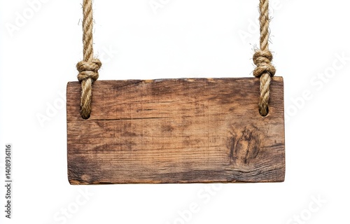 Rustic Wooden Sign Hanging from Twine on White Background