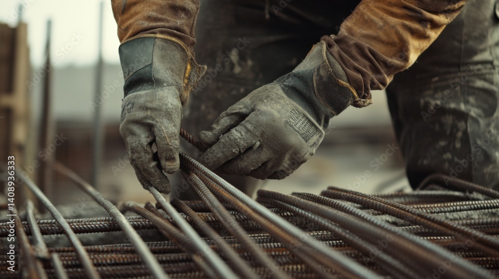 A construction worker preparing rebar for concrete pouring at a building site. Featuring strength and precision A construction worker preparing rebar for concrete pouring at a building site. Featuring strength and precision