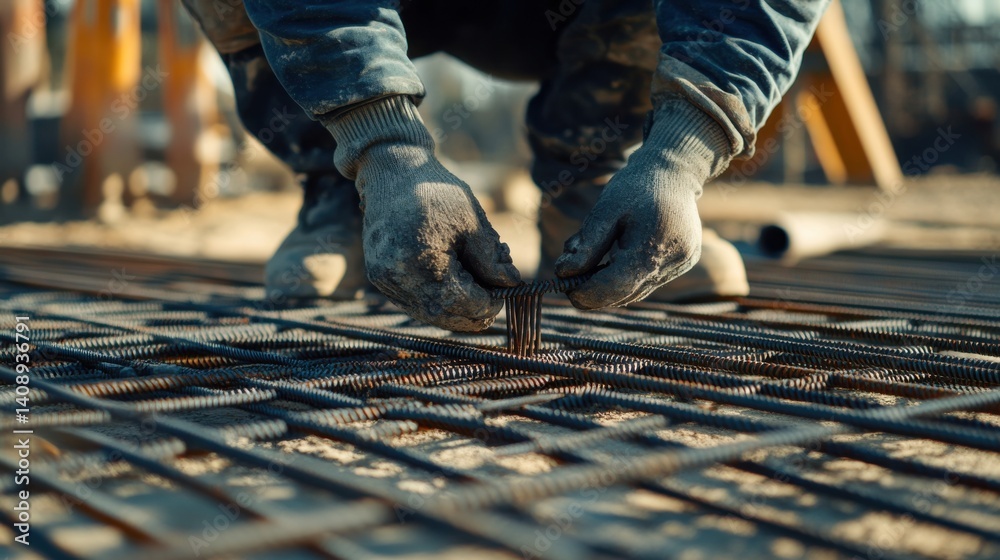 A construction worker preparing rebar for concrete pouring. Featuring focus and accuracy