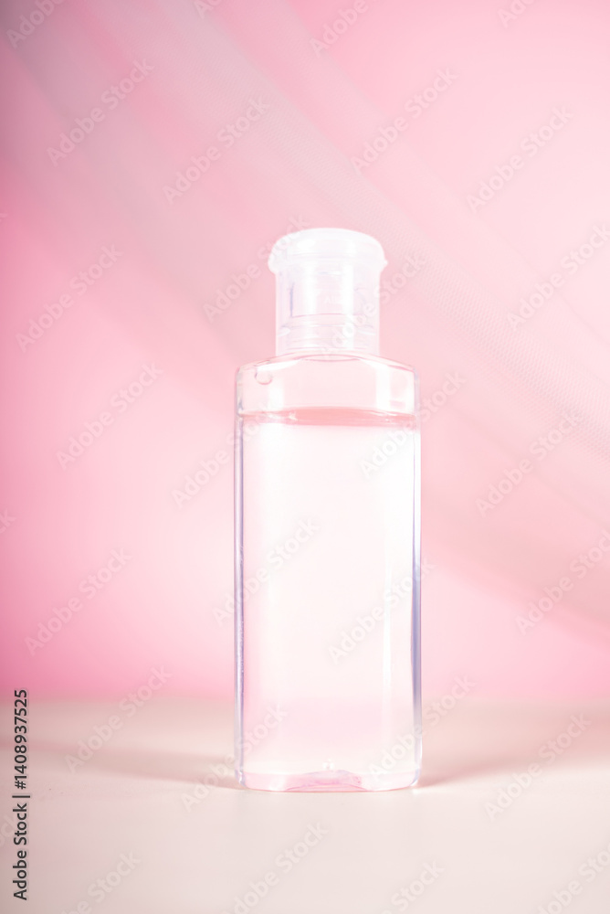 Generated ITransparent Plastic Bottles Filled With Clear Liquid Are Elegantly Displayed On A Soft Pastel Background. Ideal For Representing Skincare, Body Care, Hygiene Or Cosmetic Packaging Produmage Generated ITransparent Plastic Bottles Filled With Clear Liquid Are Elegantly Displayed On A Soft Pastel Background. Ideal For Representing Skincare, Body Care, Hygiene Or Cosmetic Packaging Produmage