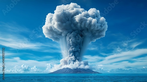 A volcanic eruption emits a massive plume of smoke and ash over the ocean, highlighting the power of nature against a backdrop of blue skies.