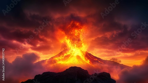 A dramatic volcanic eruption illuminated by fiery lava against a backdrop of dark clouds and a vibrant sunset.