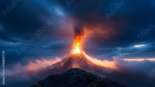 A dramatic volcanic eruption under a stormy sky, showcasing fiery lava and thick smoke, creating a stunning yet ominous landscape.