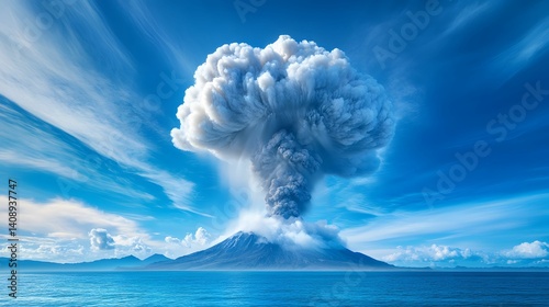 A dramatic volcanic eruption sends a towering plume of ash and smoke into the sky over a serene ocean landscape, creating a striking contrast in nature.