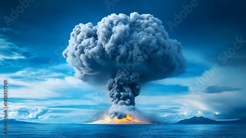 A dramatic volcanic eruption creates a massive cloud of ash and smoke, contrasting against a serene ocean backdrop.