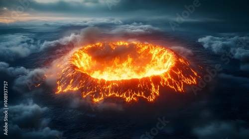 A fiery volcanic crater surrounded by clouds, emitting lava and smoke, depicting the power of nature in a dramatic landscape.