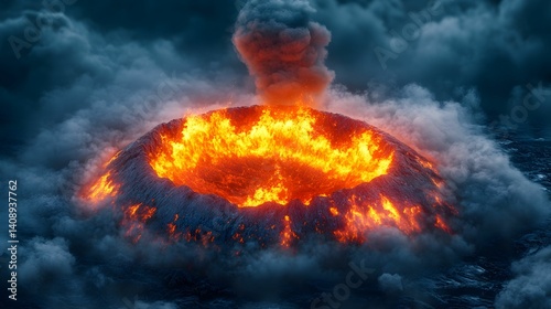 A dramatic volcanic eruption with a glowing lava crater surrounded by dark clouds, showcasing the power of nature.