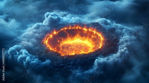 An aerial view of a fiery volcanic crater surrounded by dark clouds, showcasing the intense heat and dynamic colors of molten lava.