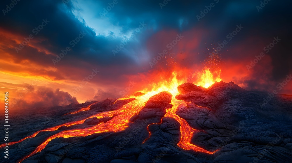 A dramatic volcanic eruption with lava flowing down rugged terrain under a vibrant, colorful sky. A dramatic volcanic eruption with lava flowing down rugged terrain under a vibrant, colorful sky.