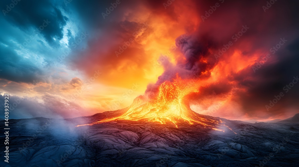 A dramatic volcanic eruption with fiery lava and smoke against a stormy sky, showcasing the raw power of nature. A dramatic volcanic eruption with fiery lava and smoke against a stormy sky, showcasing the raw power of nature.