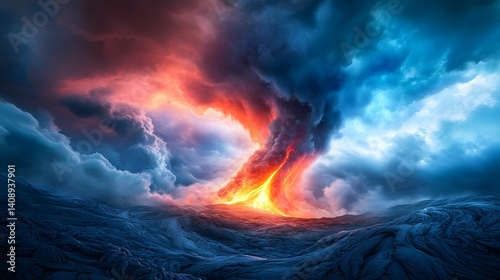 A vibrant volcanic eruption with swirling clouds and glowing lava, showcasing the raw power of nature in dramatic colors.