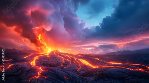 A stunning volcanic eruption scene with vibrant lava flows and dramatic clouds, showcasing nature's raw power and beauty.