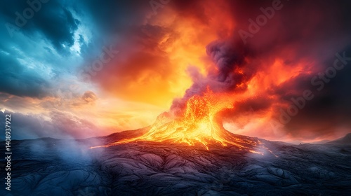 A dramatic volcanic eruption with fiery lava and smoke against a stormy sky, showcasing the raw power of nature.
