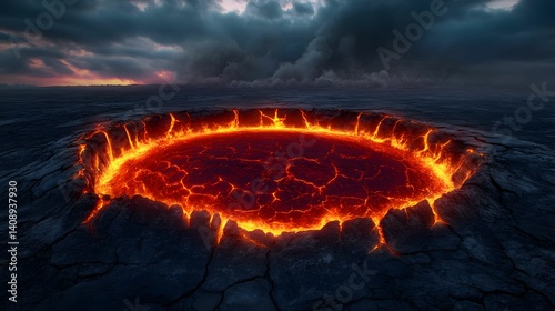 A fiery lava pit surrounded by dark, cracked terrain under a dramatic sky, showcasing the raw power of nature and volcanic activity.