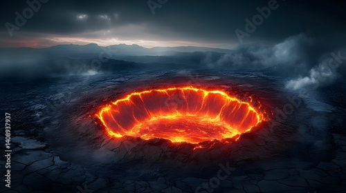 A fiery volcanic crater surrounded by dark terrain, with lava glowing brightly under a moody sky.