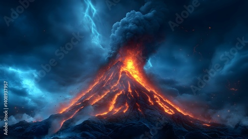 A dramatic volcanic eruption with molten lava flowing, surrounded by dark clouds and electric blue lightning, creating a striking contrast in the landscape.