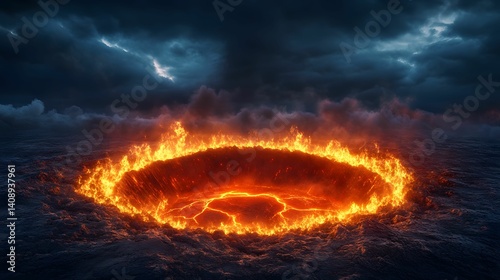 A fiery volcanic eruption creates a striking contrast against a dark, stormy sky, illuminating the ocean with vibrant flames.