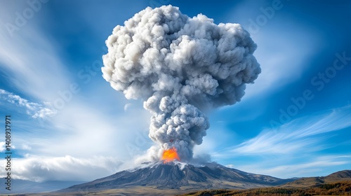 A dramatic volcanic eruption with a massive ash cloud rising above the volcano, blending with a clear blue sky.