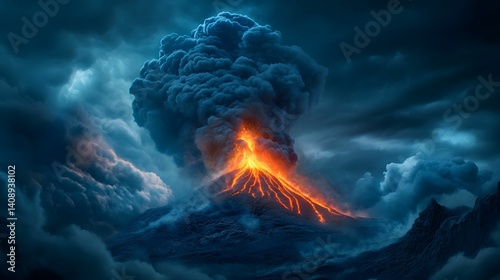 A dramatic volcanic eruption with fiery lava spewing from the peak, surrounded by dark clouds and ominous skies, showcasing nature's raw power.