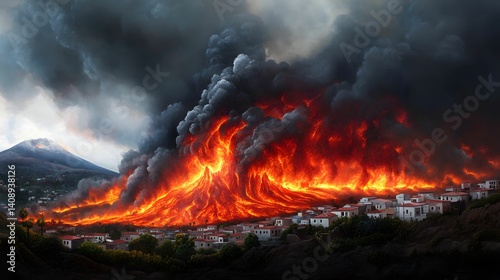 A dramatic volcanic eruption engulfs a village, with flowing lava and thick smoke creating a striking contrast against the landscape.