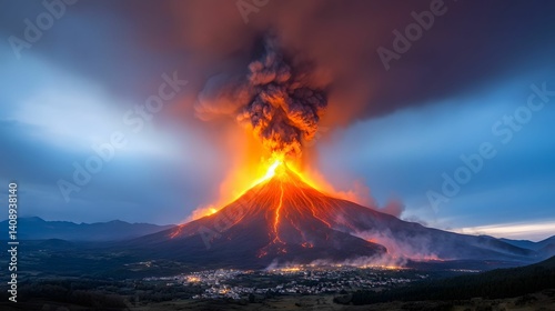 A dramatic volcanic eruption displays fiery lava and thick smoke against a twilight sky, illuminating the surrounding landscape.