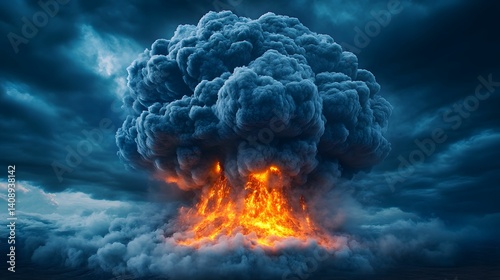 A dramatic explosion erupts from a volcanic landscape, with billowing clouds and glowing lava, creating a striking visual of nature's power.