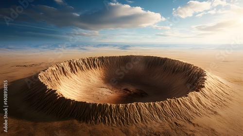 A vast, circular crater surrounded by rugged terrain under a blue sky, showcasing geological formations in a desert landscape.