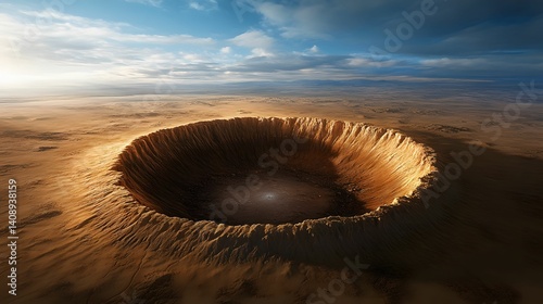 A vast, circular crater in a desolate landscape, illuminated by sunlight against a dramatic sky, showcasing the raw beauty of nature's geological formations.