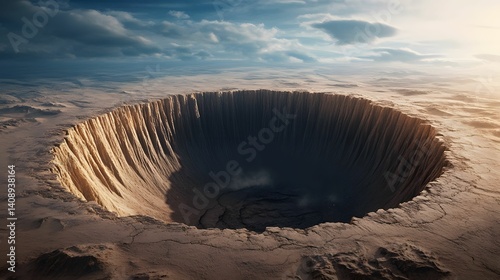 A vast, circular geological formation resembling a massive crater, set against a dramatic sky and rugged terrain.