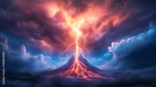 A dramatic volcanic eruption with vibrant lava flows, lightning, and dark stormy clouds in a striking, colorful sky.