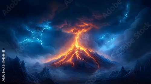 A dramatic volcanic eruption with fiery lava, surrounded by dark clouds and lightning, creating a striking and intense atmosphere.