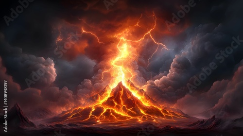 A dramatic volcanic eruption surrounded by dark clouds and lightning, showcasing fiery lava and a powerful natural phenomenon.