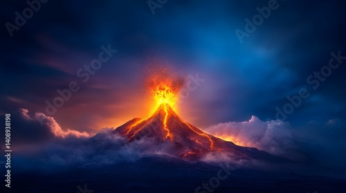 A dramatic volcanic eruption with fiery lava, glowing ash, and dark clouds against a twilight sky, showcasing nature's raw power.