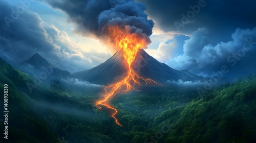 A dramatic volcanic eruption showcases fiery lava and dark clouds, surrounded by lush greenery, illustrating nature's power and beauty.