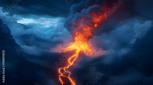 A dramatic volcanic eruption with glowing lava flowing down the mountainside, surrounded by dark clouds and a moody sky.