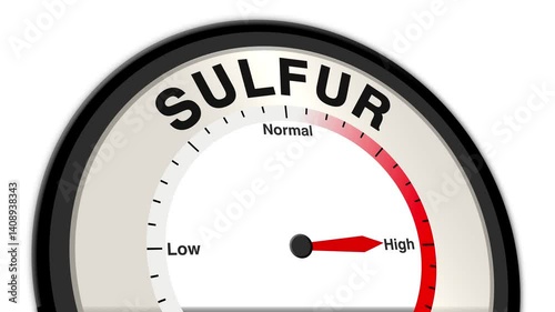 Sulfur text or word with a barometer or tachometer-style gauge, illustrating varying levels of sulfur intake and its effects on health and environment