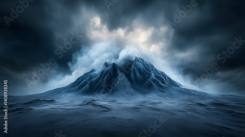 A dark, dramatic mountain emerges from a misty landscape, shrouded by ominous clouds, creating an eerie and powerful atmosphere.