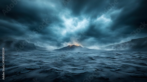A dramatic landscape featuring dark, turbulent skies over a rugged terrain, evoking a sense of mystery and intensity in nature.