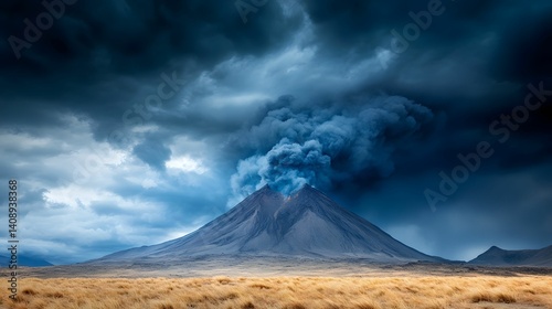 A dramatic volcanic eruption with a plume of smoke against a dark, cloud-filled sky, highlighting the power of nature in a barren landscape.