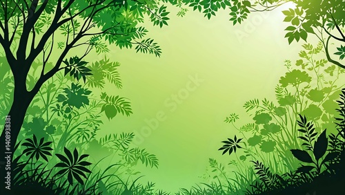 Green Forest Silhouette Background with Plants and Trees Illustration
