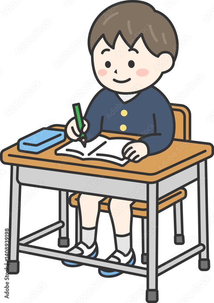 学校の机で勉強する、小学生の男の子（線画カラー）のイラスト