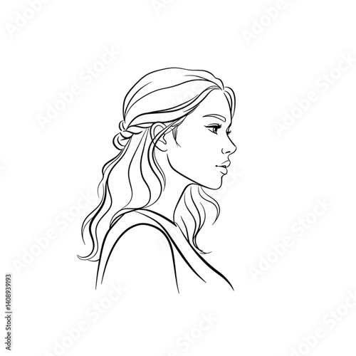 Elegant Female Side Profile Line Art Illustration isolated on white background, girl with long hair in winter look vector 