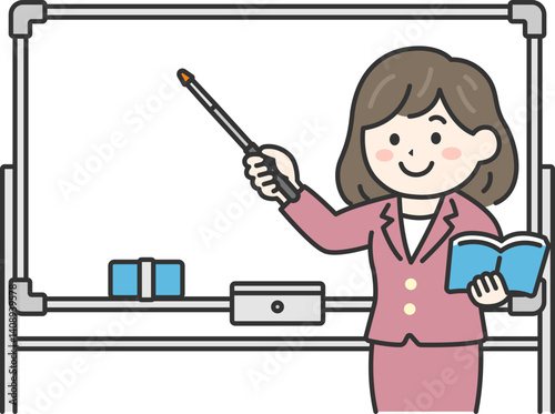 ホワイトボートで、指し棒を使って授業する、女性教師（線画カラー）のイラスト