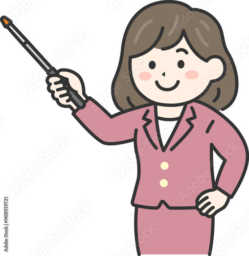 指し棒を使って説明する、スーツ姿の女性（線画カラー）のイラスト
