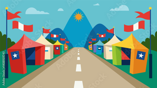 Colorful tents adorned with traditional Chilean symbols and flags line the streets marking the entrance to the Empanada Festival.. Vector illustration