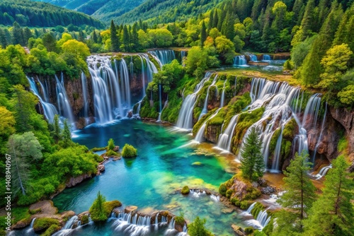 Multi-tiered Jiuzhaigou waterfalls: a stunning aerial panorama of Sichuan's natural beauty.