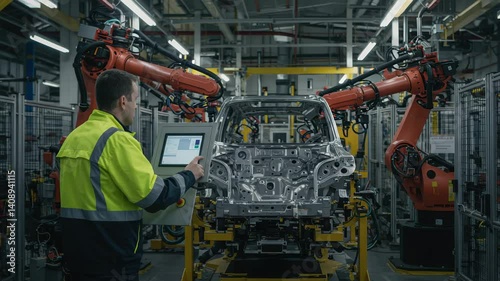 Engineer Utilizing Digital Display in Advanced Robotics Assembly Line for Automotive Manufacturing