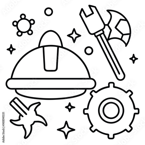 Space rocket vector illustration with kitchen and restaurant symbols