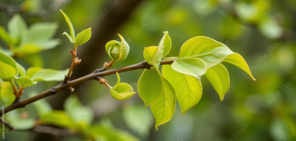 Fototapeta premium New spring leaves unfurling on a branch, vibrant green hues, flora, daylight